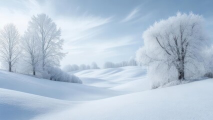 Fototapeta premium Gently rolling, snow-covered landscape with frosted trees under a soft, cloudy sky