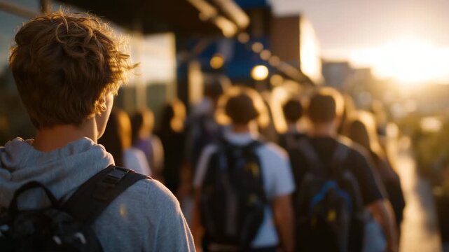 Group of high school students walking down sidewalk toward school, rear view, diverse ethnicities, backpacks detailed, sunlight reflecting off windows, cinematic urban morning scho