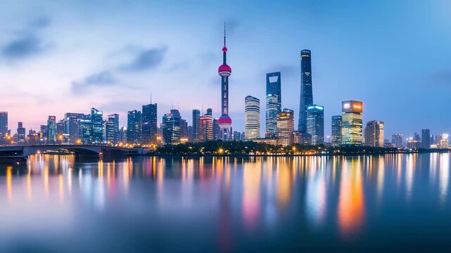 Time lapse showing transition from sunset to night over shanghai pudong skyline with colorful light reflection
