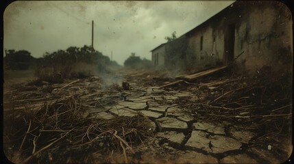 Gritty, vintage-style image of a desolate landscape featuring severely cracked dry earth, withered grass, and an abandoned building under a gloomy, overcast sky