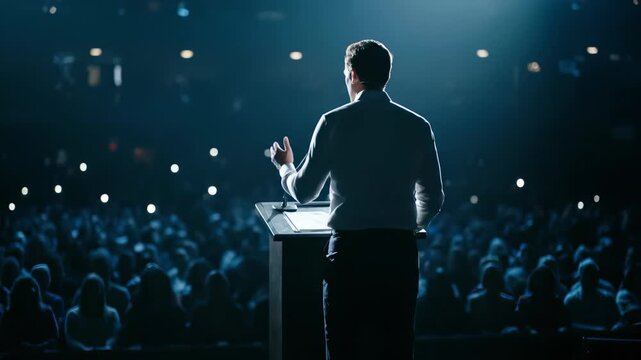 Back view of a businessman giving a speech at a podium to a large dark audience, concept for political rally, public speaking event and leadership seminar