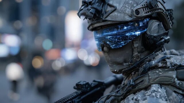 High-tech soldier in tactical combat gear, visor glowing with holographic network data, abstract digital grids and nodes filling background, futuristic cyber warfare concept, cinem