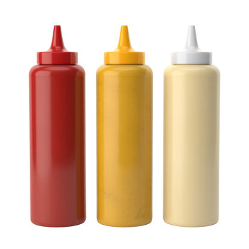Three condiment bottles condiments yellow white isolated on a transparent background