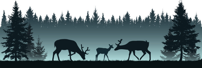 Deer family in a coniferous evergreen forest. Park of fir, pine and spruce trees. Vector illustration