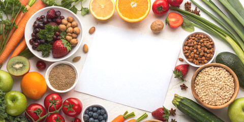 Choosing healthy foods concept with a top view of fresh fruits vegetables and grains arranged around an empty space