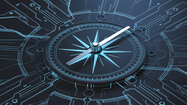 Futuristic digital compass with glowing blue circuitry lines for navigation and technology concept