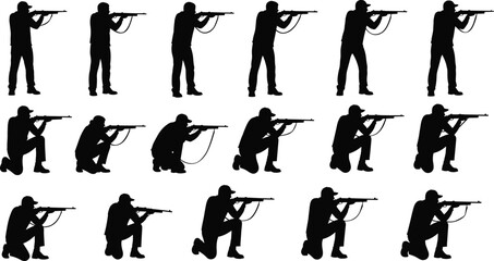 Collection of twelve rifle shooting silhouettes showing standing, kneeling, and crouching stances, perfect for training, military, hunting, tactical, and instructional design projects © MdAzmol