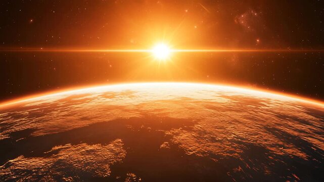 Orbital view of fiery planet sunrise with stars in deep space cosmic background cinematic motion