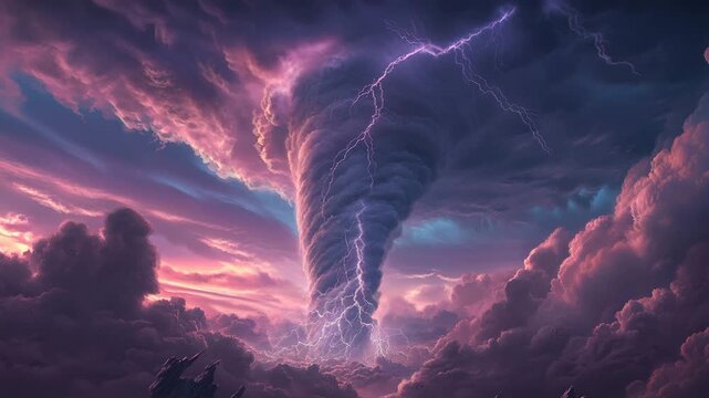 Violent tornado rips through dramatic purple and pink thunderclouds with powerful lightning strikes during a fierce storm