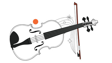 Obraz premium Elegant black and white line drawing of a violin and bow with artistic swirling lines and musical design elements on a white background.
