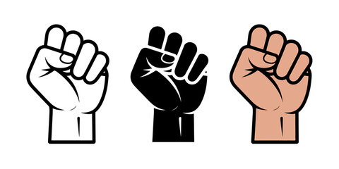 Obraz premium Three fists in different skin tones making a strong gesture human hands raised
