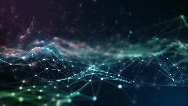 Cinematic loop data nodes connecting disconnecting dynamic mesh pattern ambient glow seamless futuristic surreal ethereal ambience cascading softly glowing abstract unique style ultra realistic loop