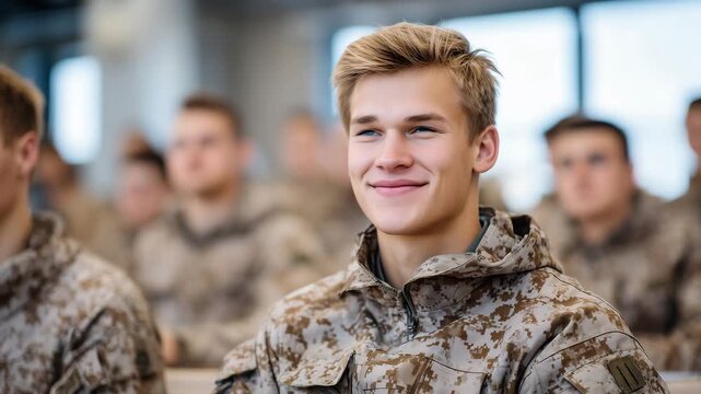 Military classroom with rows of young men in brown camouflage uniforms, one recruit in sharp focus, attentive expressions, instructor presenting strategy diagrams, concept of profe