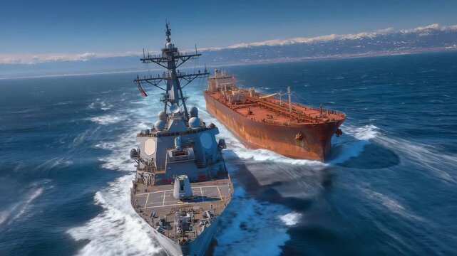 Massive naval destroyer sailing parallel to a large oil tanker in the open sea, steel-gray warship contrasting with the rust-toned tanker hull, calm deep-blue waters, clear horizon