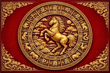 Obraz premium Golden Horse Zodiac: Chinese New Year Art on a red textured background with golden ornaments.