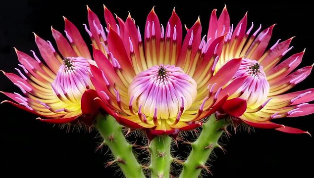 Time-Lapse of Three Red-Pink Protea Flowers Blooming &ndash; Vibrant Petals & Spiky Stems on Black Background
