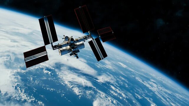 International space station orbiting earth detailed view satellite floating above planet earth cosmic exploration footage