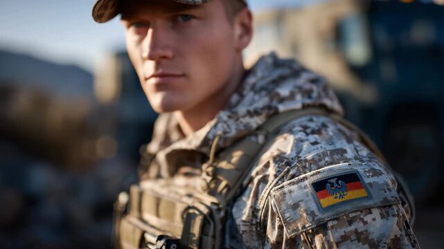 Portrait close-up of German soldier from the shoulders up, face partially obscured or blurred, uniform and German flag patch in sharp focus, soft lighting casting subtle shadows on