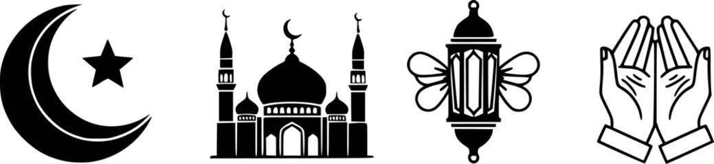 Eid celebrations Islamic Spiritual Symbols Featuring Crescent Moon Mosque Lantern and Praying Hands 