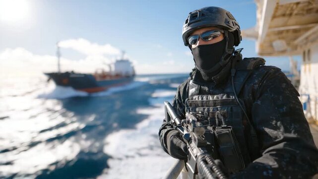 Professional maritime security scene showing a soldier with a gun aboard an oil tanker sailing through open ocean, strong sunlight, clean visibility, balanced composition, global c