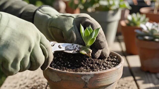Gardener using shears to trim a succulent cutting into a terracotta pot