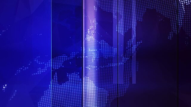 Abstract blue news video background loop with digital globe. Digital blue background with a dotted world map, ideal for news, broadcasting, and technology