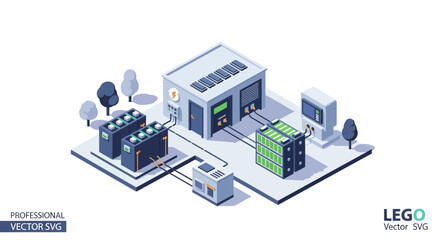 Obraz premium Isometric illustration of a data center with solar panels and servers.