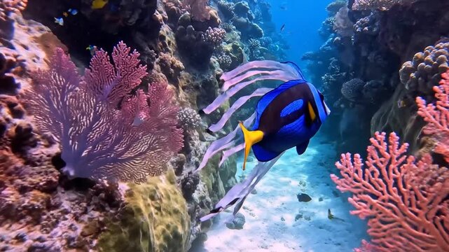 Blue tang surgeonfish swimming through coral reef ecosystem habitat tropical ocean wildlife marine life video