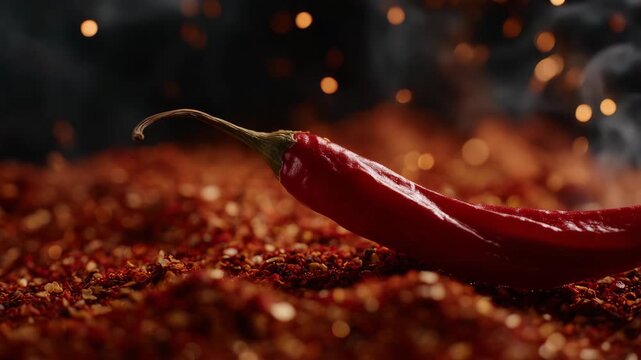 Red chili pepper emerging dynamically from cloud of powdered spices, glowing particles surrounding it, cinematic spotlighting, composition emphasizing heat, flavor, and gastronomic