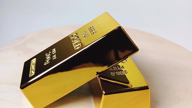 Two gold bars rotating on a wooden base. Precious metals. Gold reserve gold price gold investment