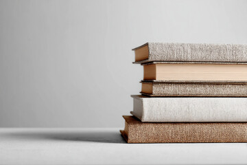 Minimal stack of neutral tone books isolated on white background, soft lighting, modern aesthetic, banner style with copy space