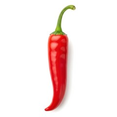 A vibrant red chili pepper with a green stem, isolated on a white background.