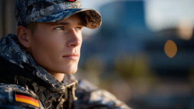 Side-profile close-up of German army soldier, face blurred or shadowed, German flag patch on shoulder illuminated by subtle sunlight, uniform textures and tactical details emphasiz