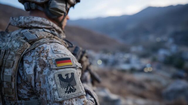 Side-angle close-up of unrecognizable German soldier, detailed uniform and German flag patch prominent, helmet and body armor textures highlighted, cinematic focus on military prof