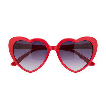 A pair of red heart shaped sunglasses with dark lenses isolated on transparent background