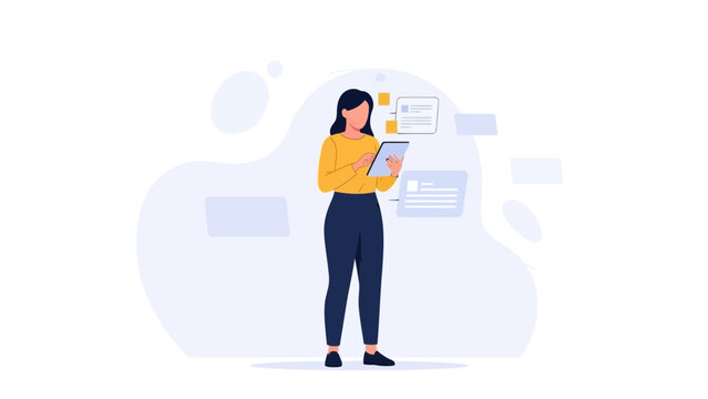 Woman using tablet for online learning or work with abstract background