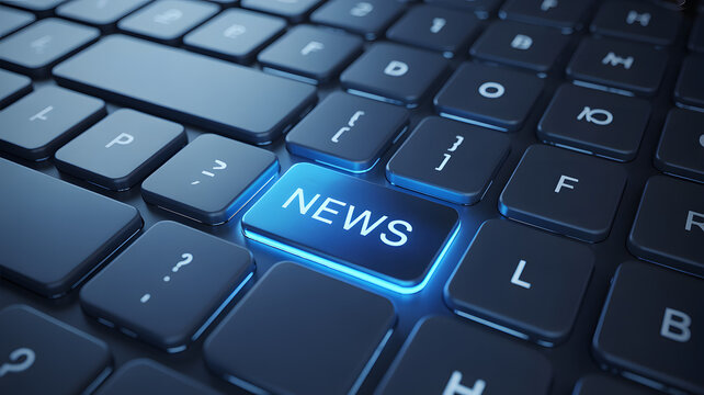 Close-up of a black computer keyboard with a glowing blue news key highlighted