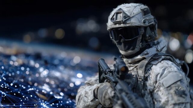 Soldier in full digital tactical uniform, standing in front of abstract network visualization, glowing nodes, holographic interface elements hovering around, cinematic cyber-milita