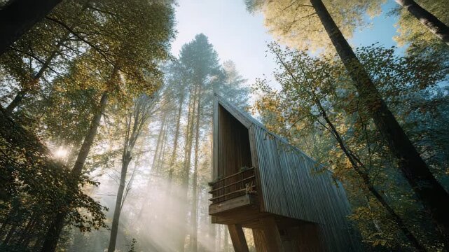 Modern wooden cabin in forest surrounded by tall trees and sunlight  