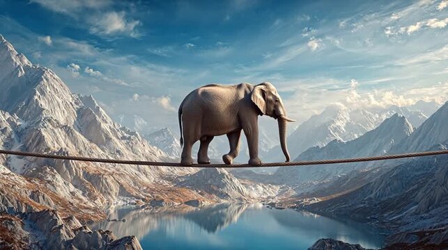 Elephant walking on tightrope over mountain lake