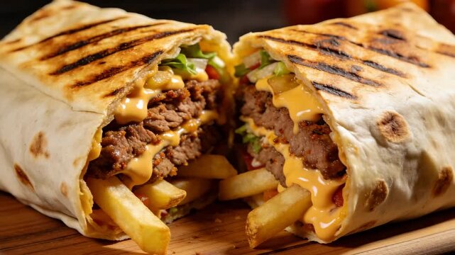 sliced french tacos showing meat cheese and french fries filling video