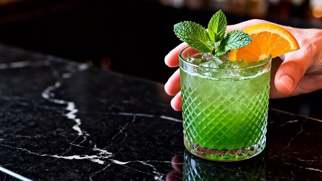Green cocktail with mint and orange