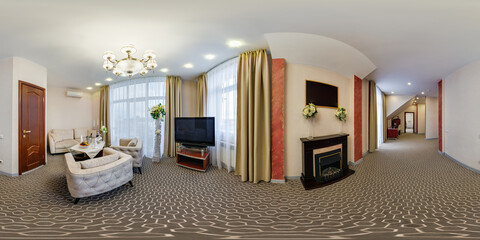 full seamless hdri 360 degrees angle view panorama in  interior guestroom hall with furniture in modern hotel in equirectangular spherical projection. VR content
