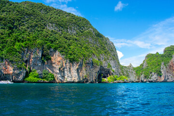 Phi Phi Islands Near Phuket Thailand. Beautiful landscape Limestone rock formations on Andaman Sea, Turquoise clear blue and green water