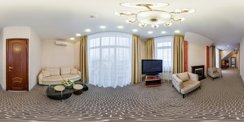 full seamless hdri 360 degrees angle view panorama in  interior guestroom hall with furniture in modern hotel in equirectangular spherical projection. VR content