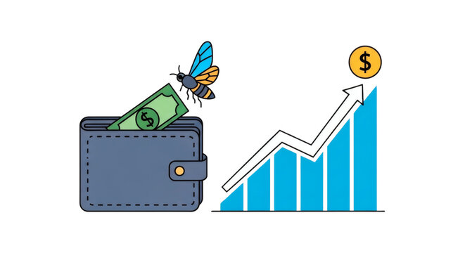 Cartoon wallet with money and bee flying towards growing graph on transparent background