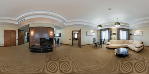 full seamless hdri 360 degrees angle view panorama in  interior guestroom hall with furniture in modern hotel in equirectangular spherical projection. VR content