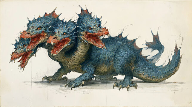 Three-headed dragon creature with vibrant blue scales and fierce red mouths, showcasing intricate details and dynamic posture in a fantastical illustration