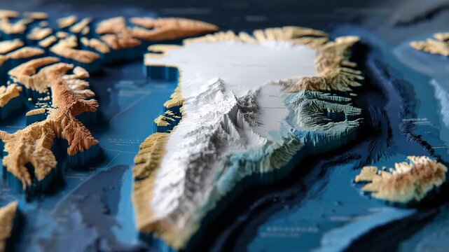 Stylized Greenland map with emphasis on fjords and coastline detail, contemporary flat-plus-3D hybrid design, cool Arctic colors, educational and editorial illustration style
