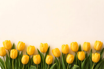 Bright Yellow Tulip Flowers Border on Soft Pastel Background Copy Space
